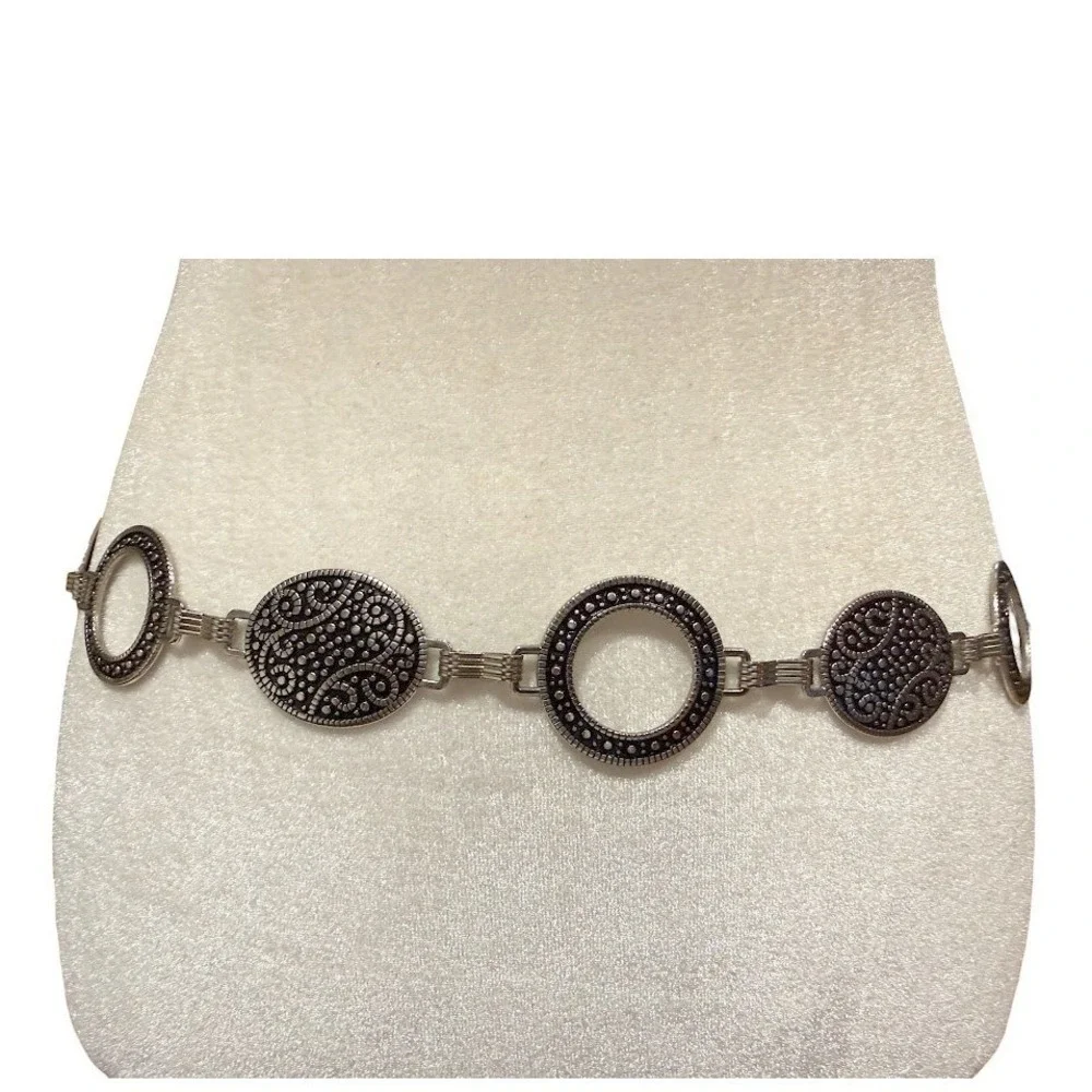 Silver Tone Chain Belt Boho Filigree Medallion Adjustable Festival Hip Belt 45